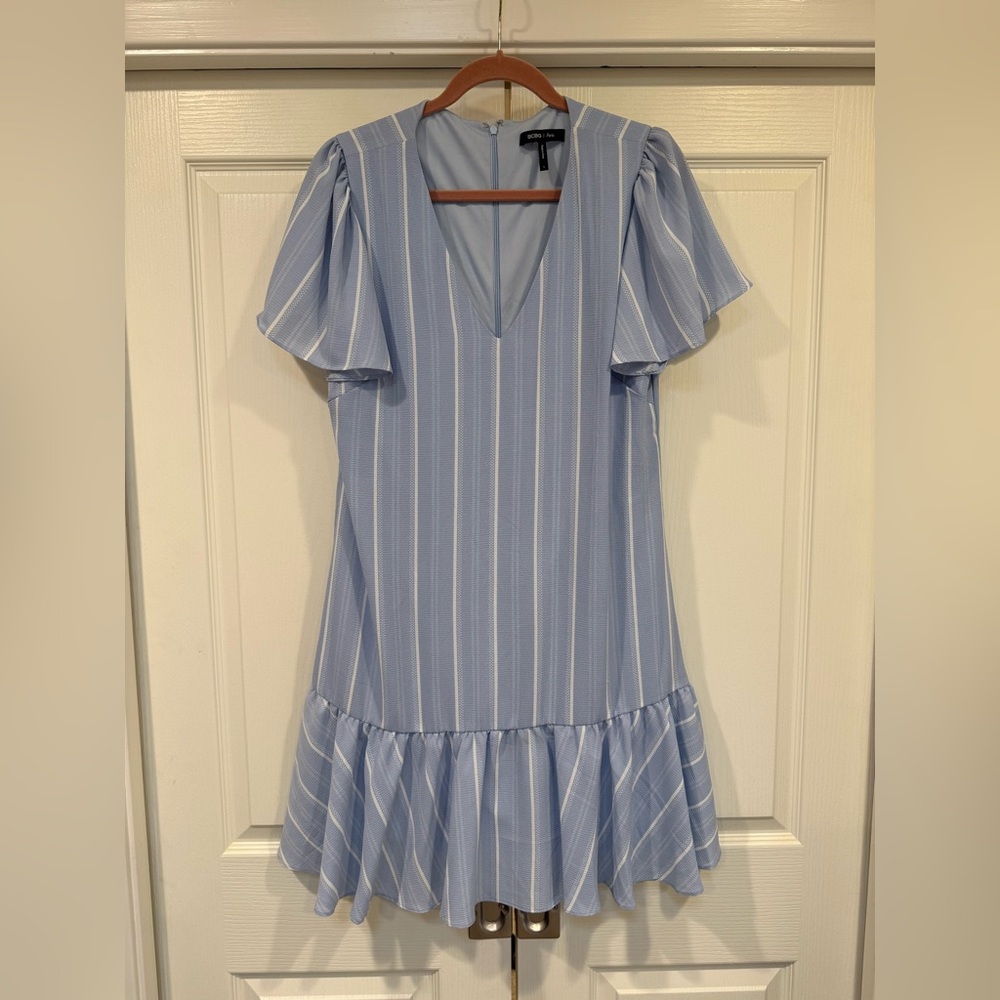 BCBG Paris Light Blue Striped Flutter Sleeve Ruffle Hem Dress